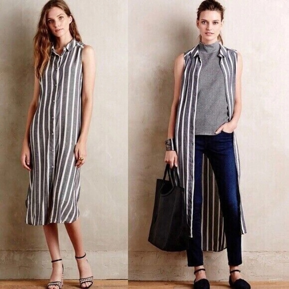 Anthropologie Holding Horses Knoxville Shirt Dress Gray White Button Down SZ 6